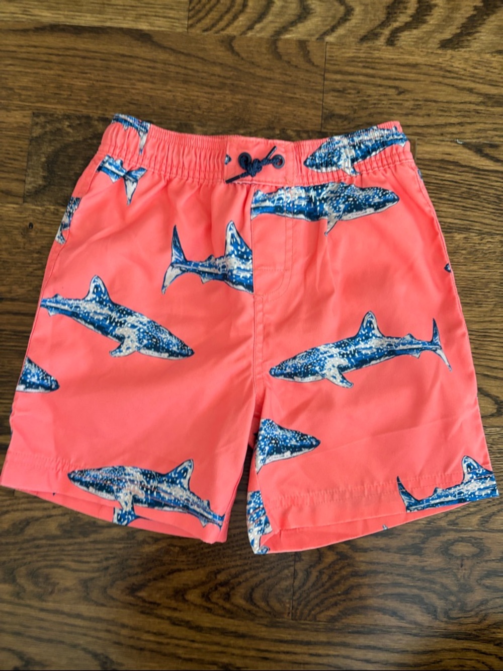 Tea Collection Coral Swim Trunks with Blue Shark Print